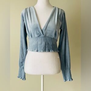 Seven Sisters Light Blue Long Sleeve V-Neck Velvet Crop Top with Ruched Waist